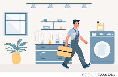 Man in laundry room carrying toolbox walking with focus on repair task and equipment around 139065263
