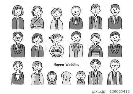 結婚式　新郎新婦と参列者の人物イラストセット③グレースケール 139065416