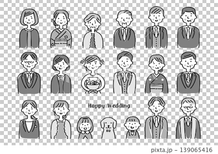 結婚式　新郎新婦と参列者の人物イラストセット③グレースケール 139065416