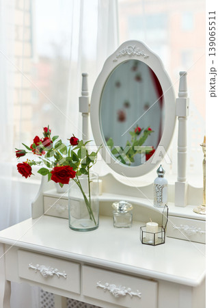 Vintage White Dressing Table with Mirror and Roses 139065511