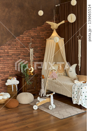 Cozy Childrens Bedroom with Canopy and Toys Cozy Childrens Bedroom with Canopy and Toys 139065514