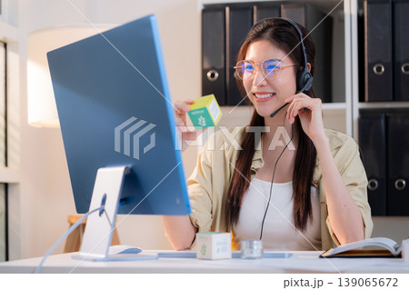 Young asian creative woman development packaging cosmetic and skincare product design with AI. 139065672