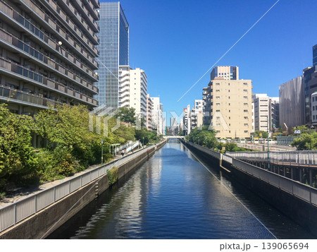 青空の下の都市河川と並木道、日本の近代的な街並み 青空の下の都市河川と並木道、日本の近代的な街並み 139065694
