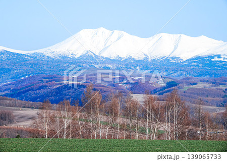 冠雪残るオプタテシケと春の北海道美瑛町の丘の上から見た風景 139065733