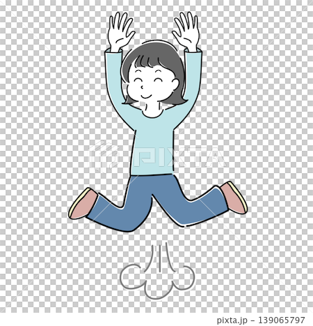 ニッコリ笑って勢いよくジャンプして両手を上げる女性の全身シンプルイラスト（喜び・達成・元気・効果線） 139065797
