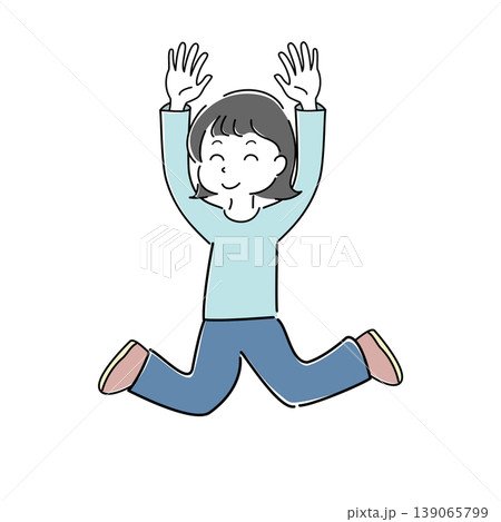 ニッコリ笑って勢いよくジャンプして両手を上げる女性の全身シンプルイラスト（喜び・達成・元気・人物） 139065799