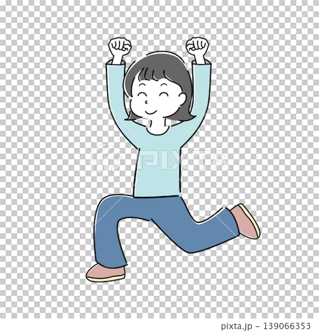 ニコニコの笑顔でガッツポーズをする女性の全身シンプルイラスト（成功・達成・やる気・ポジティブ・健康） 139066353