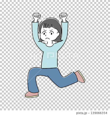怒りながら拳を挙げる女性の全身シンプルイラスト(不満・ストレス・やる気・感情表現 怒りながら拳を挙げる女性の全身シンプルイラスト(不満・ストレス・やる気・感情表現 139066354