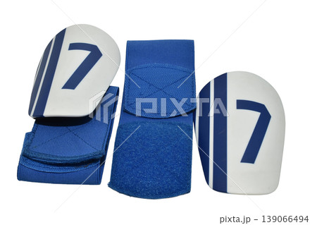 Football shin guards with protective pads and Velcro straps Football shin guards with protective pads and Velcro straps 139066494
