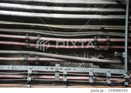 many cables in london underground metro tube train detail 139066593