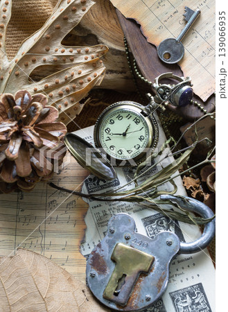 the scene possesses a profound quietude; the ticking clock has been silenced by the crumbling of oak leaves and scorched parchment. While the open pocket watch, rusted padlock, and skeleton key 139066935