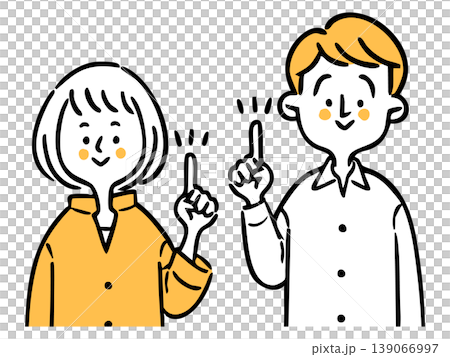 指差しする若い夫婦 上半身 ベクター(オレンジ) 指差しする若い夫婦 上半身 ベクター(オレンジ) 139066997