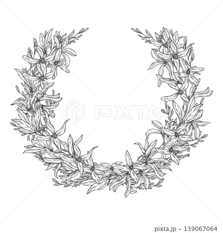 Monochrome jasmine flowers floral wreath with copy space for text. Hand drawn Spring branch in blossom line art black ink sketch. Decorative circular frame for wedding invitation, greeting card Monochrome jasmine flowers floral wreath with copy space for text. Hand drawn Spring branch in blossom line art black ink sketch. Decorative circular frame for wedding invitation, greeting card 139067064