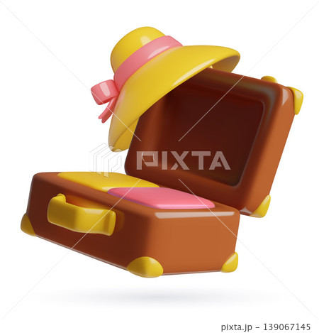 Vintage suitcase with a sun hat 3d icon travel and summer vacation concept cute minimal illustration Vintage suitcase with a sun hat 3d icon travel and summer vacation concept cute minimal illustration 139067145