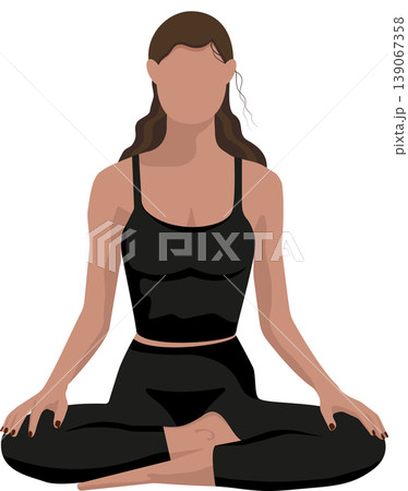 Minimalist vector illustration of a faceless woman in a yoga lotus pose. Flat design yoga girl in black sportswear Minimalist vector illustration of a faceless woman in a yoga lotus pose. Flat design yoga girl in black sportswear 139067358