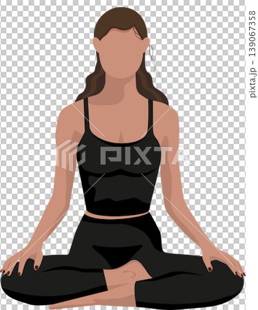 Minimalist vector illustration of a faceless woman in a yoga lotus pose. Flat design yoga girl in black sportswear Minimalist vector illustration of a faceless woman in a yoga lotus pose. Flat design yoga girl in black sportswear 139067358