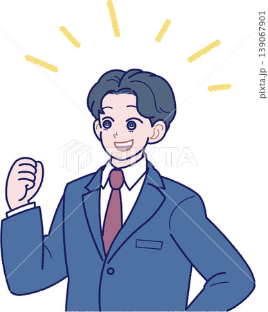 笑顔でガッツポーズをとるスーツ姿の若い男性のイラスト 笑顔でガッツポーズをとるスーツ姿の若い男性のイラスト 139067901