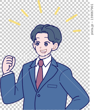 笑顔でガッツポーズをとるスーツ姿の若い男性のイラスト 笑顔でガッツポーズをとるスーツ姿の若い男性のイラスト 139067901