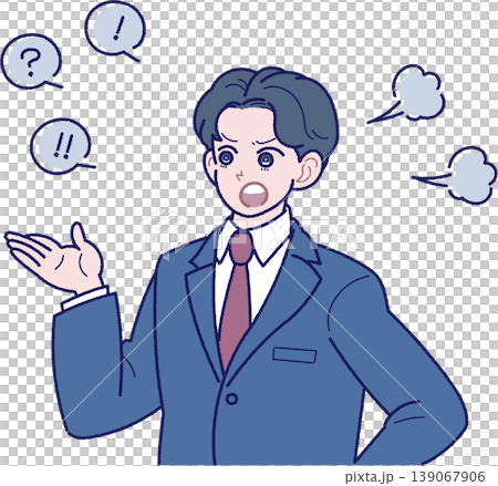 一幅插圖，描繪了一位身穿西裝的年輕男子憤怒地抗議。 139067906