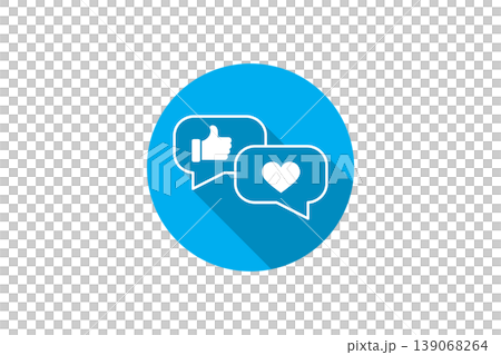 Social Media Engagement Icon With Like Thumb And Heart Chat Bubbles In Flat Blue Circle 139068264