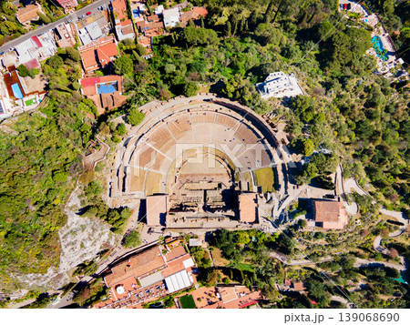 The Ancient Theatre of Taormina aerial panoramic view, Sicily 139068690