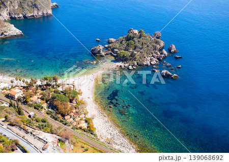 Isola Bella beach aerial panoramic view in Taormina 139068692