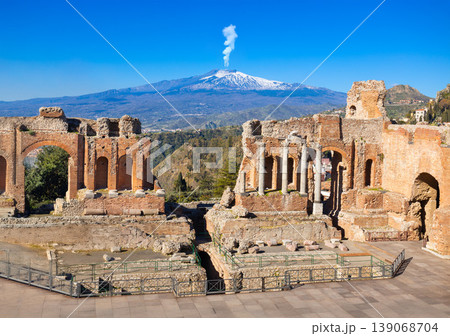 Taormina Ancient Theatre, Etna volcano aerial view, Sicily Taormina Ancient Theatre, Etna volcano aerial view, Sicily 139068704