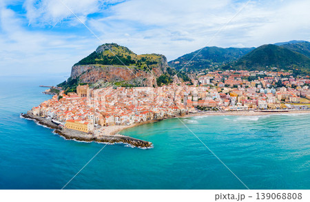 Cefalu city beach aerial panoramic view in Sicily Cefalu city beach aerial panoramic view in Sicily 139068808