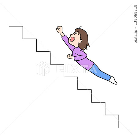 階段をヒーローのように空を飛んで駆け上がる成功と飛躍の象徴の女性イラスト 階段をヒーローのように空を飛んで駆け上がる成功と飛躍の象徴の女性イラスト 139069219