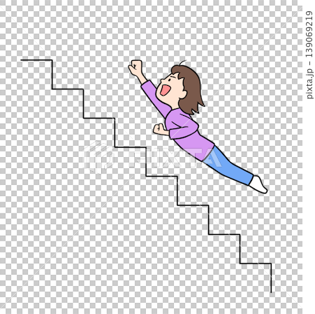 階段をヒーローのように空を飛んで駆け上がる成功と飛躍の象徴の女性イラスト 階段をヒーローのように空を飛んで駆け上がる成功と飛躍の象徴の女性イラスト 139069219