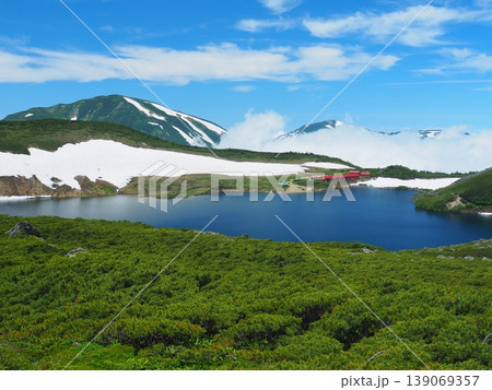 夏の白馬大池から望む残雪の雪倉岳 夏の白馬大池から望む残雪の雪倉岳 139069357