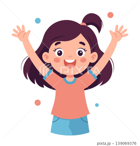 Happy cute little girl rejoices with her hands raised. Illustration. 139069376