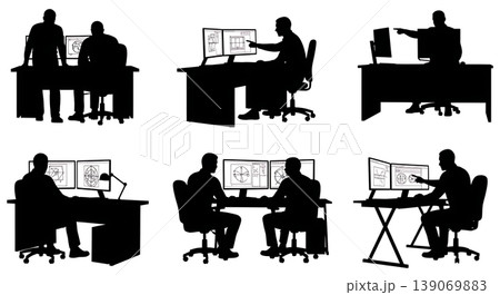 Black Solid 3D Printer Designers Checking CAD Set of Six on White Background Black Solid 3D Printer Designers Checking CAD Set of Six on White Background 139069883