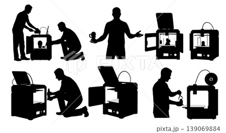 Black Solid 3D Printer Showroom Techs Removing Prints Set of Six on White Background 139069884