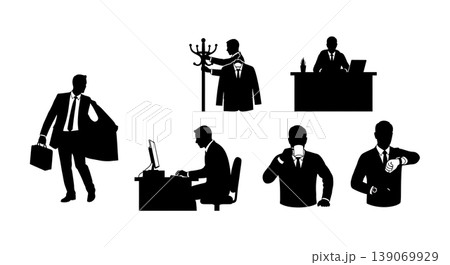 Black Solid Agents Arriving at Work Silhouettes Set of Six on White Background Black Solid Agents Arriving at Work Silhouettes Set of Six on White Background 139069929