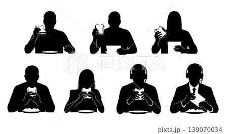 Black Solid Call Center Agents Eating Lunch Silhouettes Set of Six on White Background Black Solid Call Center Agents Eating Lunch Silhouettes Set of Six on White Background 139070034