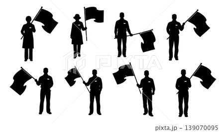 Black Solid Agents Holding Flag Silhouettes Set of Six 139070095