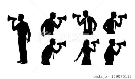 Black Solid Agents Holding Megaphone Silhouettes Set of Six 139070115