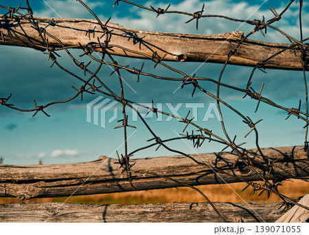 Barbed wire on wooden fence against blue sky and open field in rural area during daytime Barbed wire on wooden fence against blue sky and open field in rural area during daytime 139071055