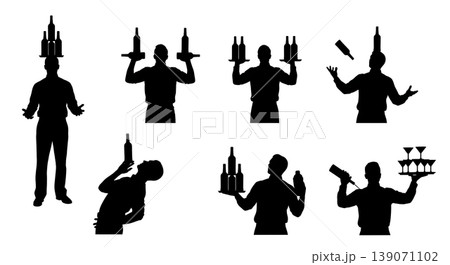Black Solid Bartenders Balancing Bottles Set of Six on White Background 139071102