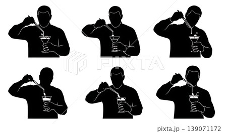 Black Solid Bartenders Garnishing with Tweezers Set of Six on White Background 139071172