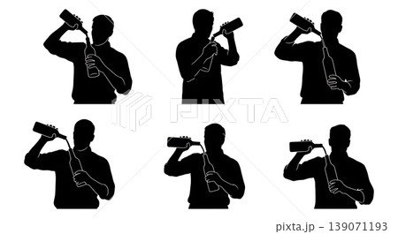 Black Solid Bartenders Holding Bottles by Neck Set of Six on White Background Black Solid Bartenders Holding Bottles by Neck Set of Six on White Background 139071193