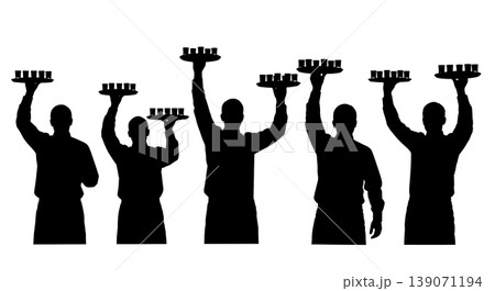 Black Solid Bartenders Holding Shot Trays Set of Six on White Background 139071194