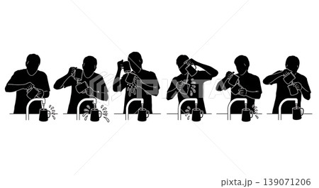 Black Solid Baristas Rinsing Pitchers Silhouettes Set of Six on White Background 139071206