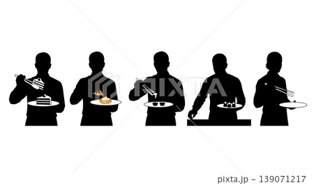 Black Solid Baristas Serving Cake Silhouettes Set of Six on White Background 139071217