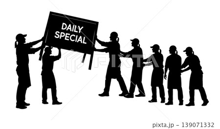 Black Solid Baristas Holding Chalkboard Sign Silhouettes Set of Six on White Background Black Solid Baristas Holding Chalkboard Sign Silhouettes Set of Six on White Background 139071332