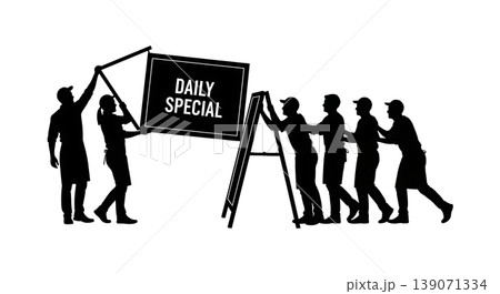 Black Solid Baristas Holding Chalkboard Sign Silhouettes Set of Six on White Background Black Solid Baristas Holding Chalkboard Sign Silhouettes Set of Six on White Background 139071334