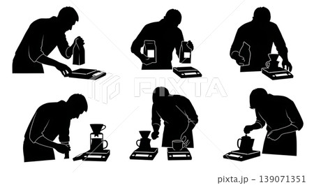 Black Solid Baristas Checking Scale Silhouettes Set of Six on White Background Black Solid Baristas Checking Scale Silhouettes Set of Six on White Background 139071351