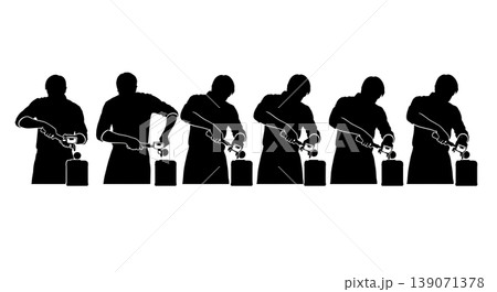 Black Solid Baristas Using Knock Box Silhouettes Set of Six on White Background Black Solid Baristas Using Knock Box Silhouettes Set of Six on White Background 139071378