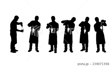 Black Solid Baristas Adding Whipped Cream Silhouettes Set of Six on White Background 139071398